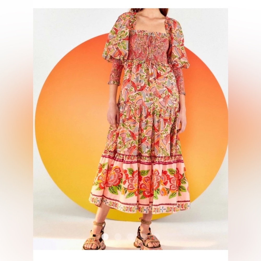 FARM Rio Smocked Top Midi Dress in Pink Macaw Flight